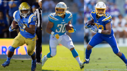 Los Angeles Chargers running back Joshua Kelley (25) carries against the  Los Angeles Rams during the first half of a preseason NFL football game  Saturday, Aug. 12, 2023, in Inglewood, Calif. (AP