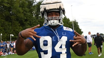 October 16, 2022: Indianapolis Colts defensive lineman Tyquan Lewis (94)  reacts to sacking the quarterback during NFL football game action between  the Jacksonville Jaguars and the Indianapolis Colts at Lucas Oil Stadium