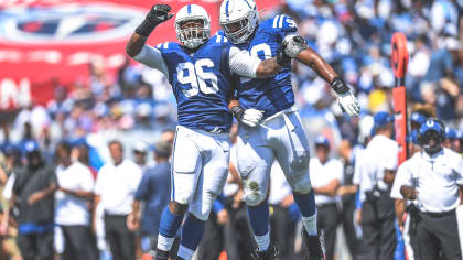 Indianapolis Colts defensive tackle Denico Autry celebrates a sack