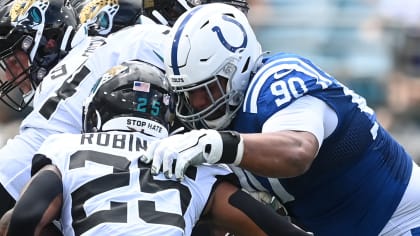 Indianapolis Colts defensive end Kwity Paye (51) and defensive tackle  Grover Stewart (90) prior to a snap during the first half of an NFL  preseason football game against the Minnesota Vikings, Saturday