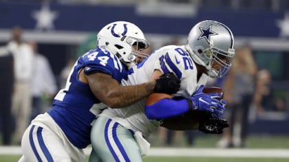 August 19, 2017: Dallas Cowboys running back Darren McFadden (20) is  tackled by Indianapolis Colts cornerback Tevin Mitchel (28) during an NFL  football game between the Indianapolis Colts and the Dallas Cowboys