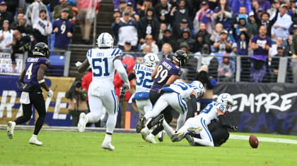 Baltimore Ravens quarterback Lamar Jackson (8) is tackled by Indianapolis  Colts free safety Julian Blackmon (32) causing a fumble during the second  half of an NFL football game Monday, Oct. 11, 2021