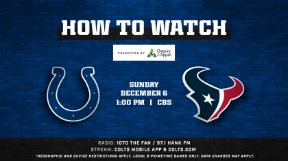 Indianapolis Colts at Houston Texans (Week 13) kicks off at 1:00 p.m. ET  this Sunday and is available to watch on CBS, the Colts mobile app and   mobile website (Safari browser only)