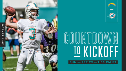 Miami Gardens, Florida, USA. 29th Sep, 2019. A group of Miami Dolphins  players get ready for a play during an NFL football game against Los  Angeles Chargers at the Hard Rock Stadium