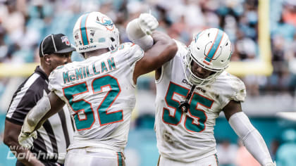 Miami Dolphins middle linebacker Raekwon McMillan (52) lines up against the  Cleveland Browns during an NFL football game, Sunday, Nov. 24, 2019, in  Cleveland. The Browns won the game 41-24. (Jeff Haynes/AP