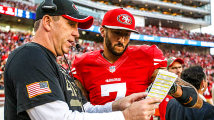 San Francisco 49ers quarterback Josh Johnson (17) hands off the ball during  an NFL football game against the Tampa Bay Buccaneers, Sunday, Dec.11,  2022, in Santa Clara, Calif. (AP Photo/Scot Tucker Stock