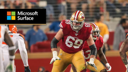 San Francisco 49ers Mike McGlinchey (69) walks on the field with a shirt  displaying Crucial Catch during an NFL football game against the Seattle  Seahawks, Sunday, October 3, 2021, in Santa Clara