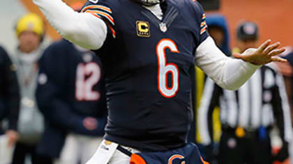 Chicago Bears head coach John Fox celebrates a field goal with Chicago Bears  center Hroniss Grasu (55) during the first half of an NFL football game  against the San Francisco 49ers, Sunday