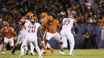 Chicago Bears offensive tackle Braxton Jones (70) works during the