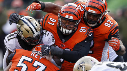 Cincinnati Bengals defensive end Josh Tupou (68) runs off the field after  an NFL football game against the New York Jets, Sunday, Oct. 31, 2021, in  East Rutherford, N.J. (AP Photo/Adam Hunger