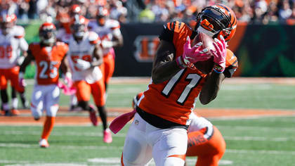 Cincinnati Bengals tackle Eric Winston (73) celebrates after wide receiver  A.J. Green (18) made a touchdown catch in the fourth quarter of an NFL  football game against the Pittsburgh Steelers, Sunday, Nov.