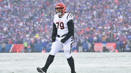 Cincinnati Bengals guard Jackson Carman (79) lines up during the second  half of an NFL preseason football game against the Atlanta Falcons, Friday,  Aug. 18, 2023, in Atlanta. The Cincinnati Bengals and