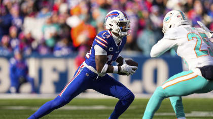 Buffalo Bills wide receiver Stefon Diggs (14) runs off the field after an  NFL football game against the Green Bay Packers, Sunday, Oct. 30, 2022, in  Orchard Park, N.Y. (AP Photo/Bryan Bennett