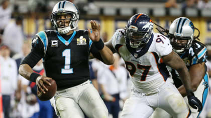 Denver Broncos tight end Owen Daniels and quarterback Peyton Manning  celebrate C.J. Anderson's two yard touchdown against the Carolina Panthers  in the fourth quarter of Super Bowl 50 in Santa Clara, California