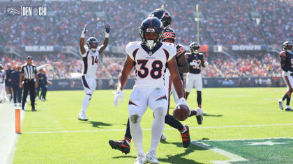 Denver Broncos running back Jaleel McLaughlin (38) scores a