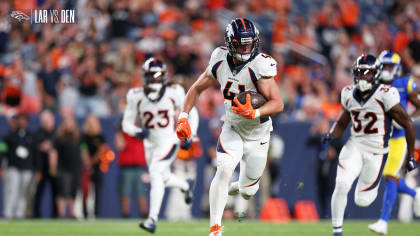 Denver Broncos linebacker Drew Sanders (41) runs against the Los Angeles  Rams of an NFL football game Saturday, Aug 26, 2023, in Denver. (AP  Photo/Bart Young Stock Photo - Alamy