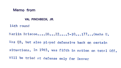 A scan of a Broncos draft notice memo from director of public relations Val Pinchbeck Jr. notifying media that the team had drafted Marlin Briscoe.