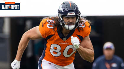 Denver Broncos tight end Greg Dulcich (80) warms up before playing