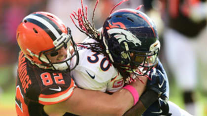 Broncos safeties T.J. Ward, left, David Bruton, Jr., celebrate after the  Broncos recovered a Viking fumble in the final minute to seal their 23-20  win during the fourth quarter Sunday, Oct. 4