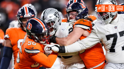 A Salute to Service logo is shown on the back of a Las Vegas Raiders helmet  before an NFL football game between the Denver Broncos and the Raiders in  Denver, Sunday, Nov.