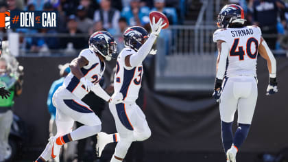 Denver Broncos safety Delarrin Turner-Yell (32) reacts after second quarter  during the NFL football game between Denver Broncos and Jacksonville  Jaguars at Wembley Stadium London, Sunday, Oct. 30, 2022. (AP Photo/Kirsty  Wigglesworth