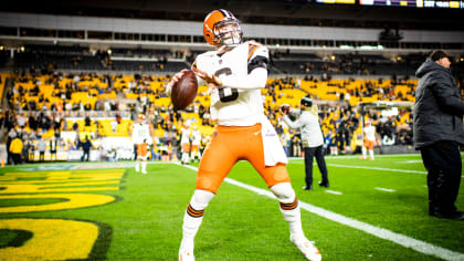 Cleveland Browns linebacker Tony Fields II (42) congratulates defensive end  Myles Garrett (95) after making a defensive stop during an NFL football  game against the Tampa Bay Buccaneers, Sunday, Nov. 27, 2022