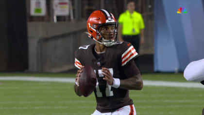 Cleveland Browns quarterback Kellen Mond rips a 15-yard curl route  underneath to Browns rookie wide receiver Cedric Tillman