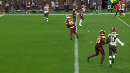 Cleveland Browns quarterback Kellen Mond rips a 15-yard curl route  underneath to Browns rookie wide receiver Cedric Tillman