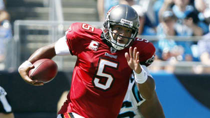 Quarterback Josh Freeman of the Tampa Bay Buccaneers is sacked by