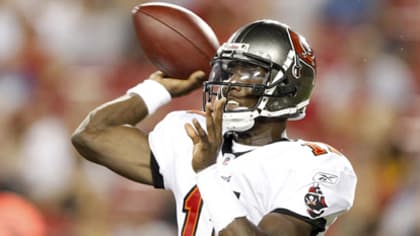 Tampa Bay Buccaneers quarterback Josh Freeman is sacked for a 7