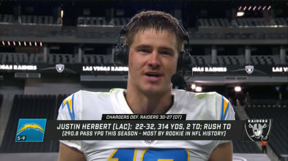 Los Angeles Chargers quarterback Justin Herbert reacts to winning