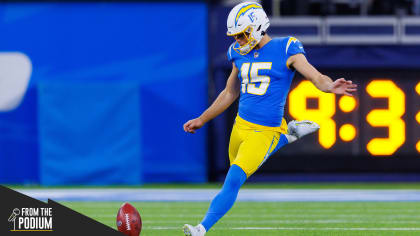 Los Angeles Chargers kicker Cameron Dicker gets ready to kick