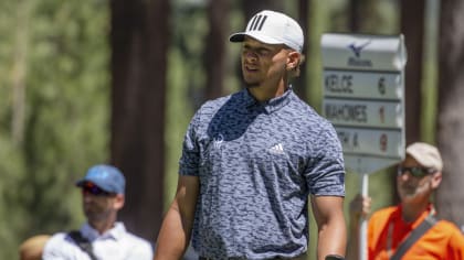 Patrick Mahomes II watches his tee shot on the 14th hole during the final round of the American Century Celebrity Championship golf tournament at Edgewood Tahoe Golf Course in Stateline, Nev., Sunday, July 10, 2022. (AP Photo/Tom R. Smedes)