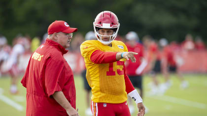 Andy Reid and Kansas City Chiefs quarterback Patrick Mahomes (15) during practice on 8/4/18 at Chiefs Training Camp at Missouri Western State University in St. Joseph, Missouri.