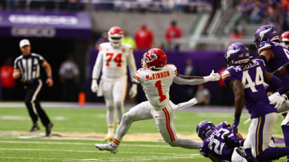 Kansas City Chiefs wide receiver Justyn Ross shoves defensive back away on  14-yard catch and run