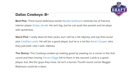 2020 NFL draft grades: Our experts grade the Cowboys' Day 2 selections of  Trevon Diggs, Neville Gallimore