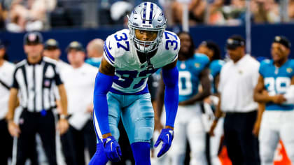 Dallas Cowboys cornerback Eric Scott Jr. (37) is seen during the first half  of an NFL football game against the Las Vegas Raiders, Saturday, Aug. 26,  2023, in Arlington, Texas. Dallas won