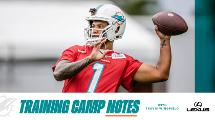 Miami. FL USA; Miami Dolphins quarterback Skylar Thompson (19) drops back  to pass during an NFL preseason game against the Las Vegas Raiders,  Saturday, August 20, 2022, at the Hard Rock Stadium.