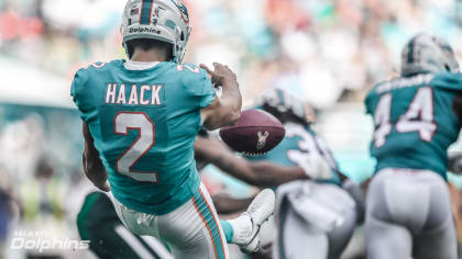 Miami Dolphins punter Matt Haack (2) watches the flight of the ball after  kicking a ball during warmups before an NFL football game against the  Jacksonville Jaguars, Thursday, Sept. 24, 2020, in