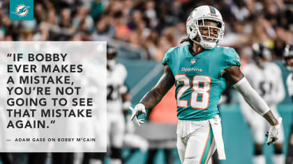 Miami Dolphins cornerback (28) Bobby McCain reacts on the field in