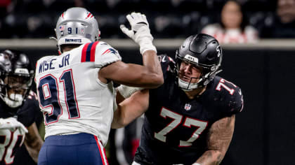 Atlanta Falcons offensive tackle Jalen Mayfield (77) looks for a block  during the first half of an NFL football game against the Dallas Cowboys in  Arlington, Texas, Sunday, Nov. 14, 2021. (AP