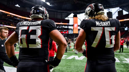 Atlanta Falcons guard Germain Ifedi (74) watches before a