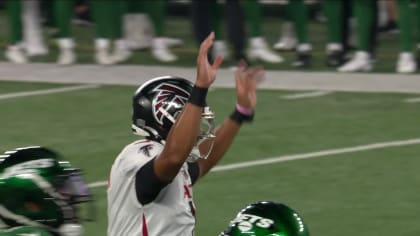 Atlanta Falcons defensive back Teez Tabor intercepts ball off New York Jets  WR's fingertips