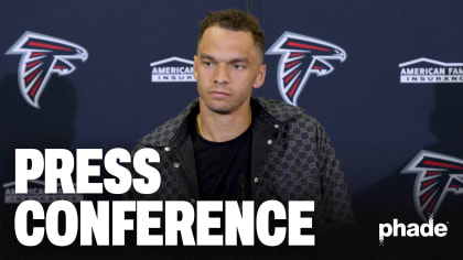 Desmond Ridder speaks to media following the Atlanta Falcons vs Jacksonville  Jaguars matchup at Wembley Stadium