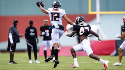 Atlanta Falcons wide receiver KhaDarel Hodge (12) walks off the field after  an NFL football game