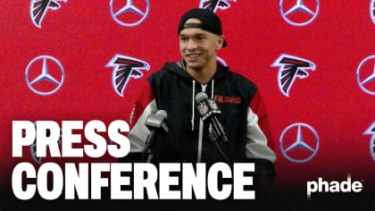 Desmond Ridder speaks to media following the Atlanta Falcons vs  Jacksonville Jaguars matchup at Wembley Stadium