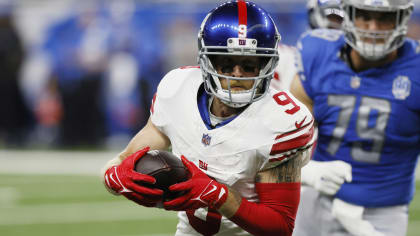 New York Giants wide receiver David Sills V (13) walks on the field before  an preseason NFL football game against the Detroit Lions in Detroit,  Friday, Aug. 11, 2023. (AP Photo/Paul Sancya