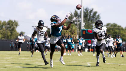 Greg Jones catches a pass during a drill at the Jacksonville Jaguars  training camp held at the Jaguars practice fields in Jacksonville, FL.  (Credit Image: © David Roseblum/Southcreek Global/ZUMApress.com Stock Photo  