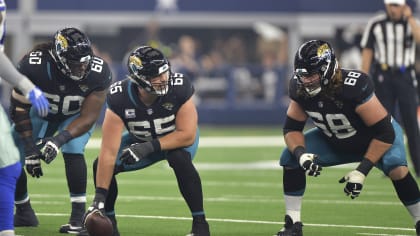 From left, Jacksonville Jaguars' Luke Fortner (79), Tyler Shatley (69), and  offensive tackle Walker Little (72) in action during an NFL football game  against the Tennessee Titans, Saturday, Jan. 7, 2023, in