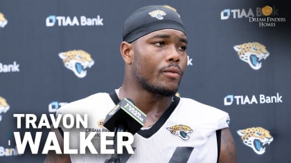 Jacksonville Jaguars linebacker Travon Walker (44) runs onto the field for  an NFL football game against the Tennessee Titans, Saturday, Jan. 7, 2023,  in Jacksonville, Fla. The Jaguars defeated the Titans 20-16. (